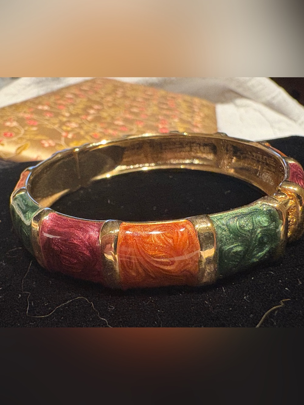 Multicolor Gold Enamel Hinged Bangle Bracelet - Orange, Green, Burgundy